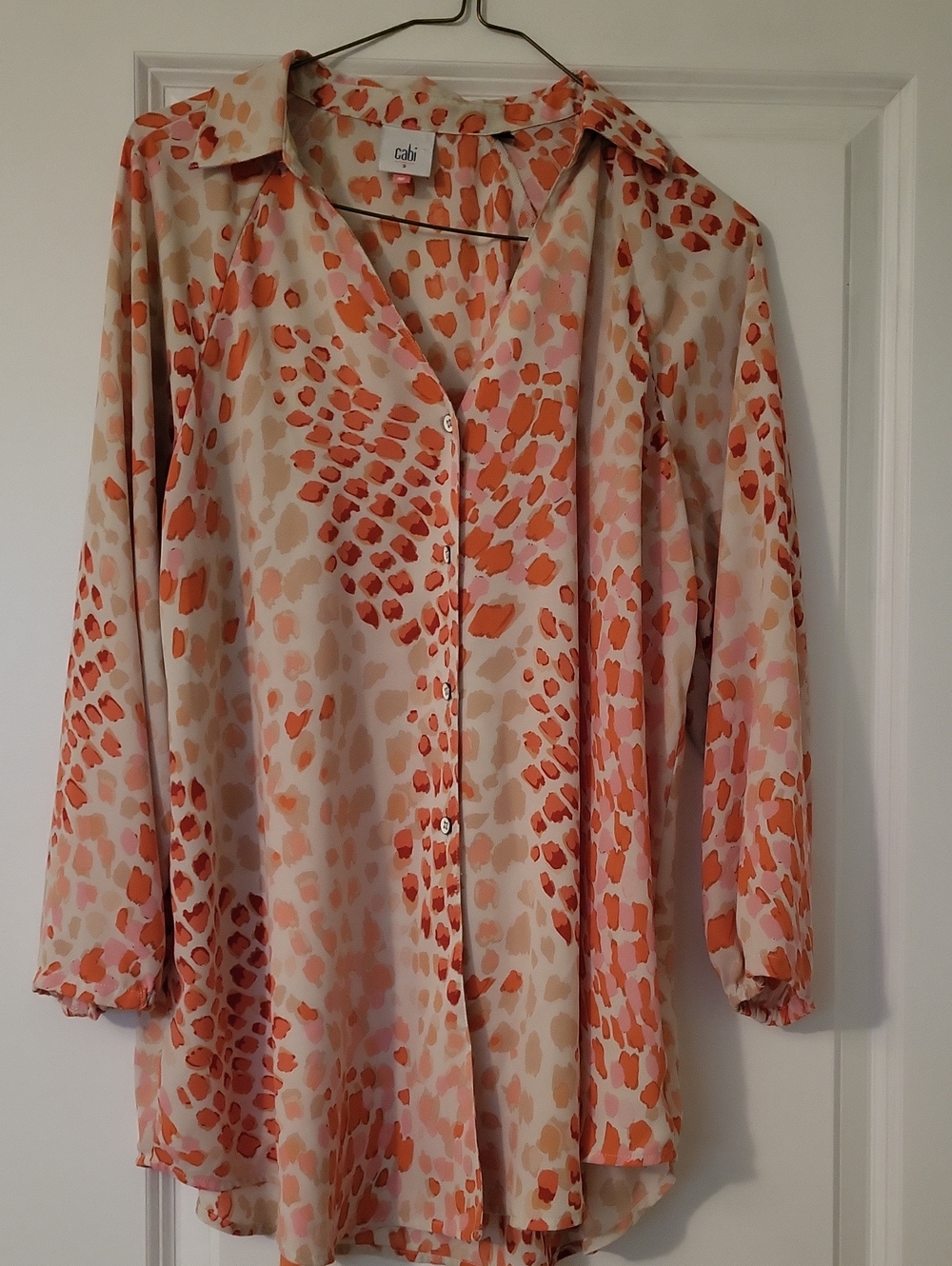 CAbi Coral and Cream Printed Button-Front Blouse